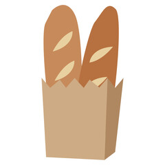 Baguette bread with paper bag vector illustration in flat color design