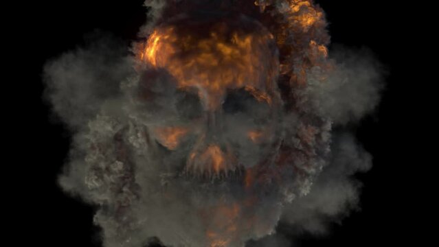 A terrifying, haunting ghost fire skull floats out of an explosion. Unleash the fire and smoke and fade the fire.3D Rendering.