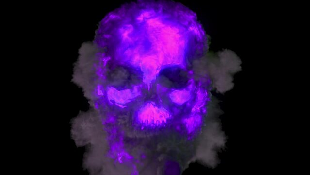 A terrifying, haunting ghost violet fire skull floats out of an explosion. Unleash the fire and smoke and fade the fire.3D Rendering.