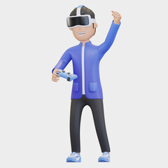 man playing game with virtual reality headset and joystick cartoon illustration 3d render