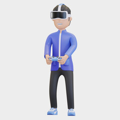 Obraz premium man wearing virtual reality headset and joystick cartoon illustration 3d render