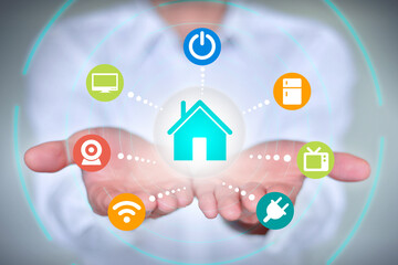 Feature a businessman holding a smart home automation program,Smart home concept.