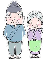 並んで立つ昔話のおじいさんとおばあさん