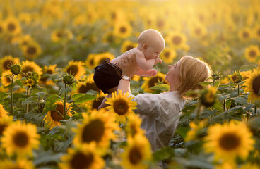 mom with baby in the sunflower field