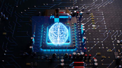 3d illustration of micro chip on technology background.