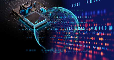 3d illustration of micro chip on technology background.