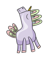 cartoon unicorn, proudly raising its head, lilac color, hand-drawn character isolated on a white background