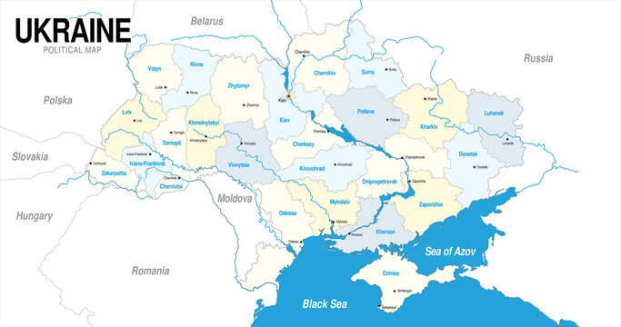 Political map of Ukraine in blue and yellow color
