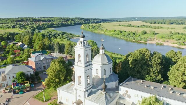 Cathedral of the Holy Apostles Peter and Paul, Tarusa, Beautiful summer aerial shots of the Oka river, forests, rivers and fields Russia