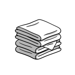 Folded towel or cloth. Stack of fabric. Line drawing. Isolated cartoon black and white illustration. Packed neat clothes