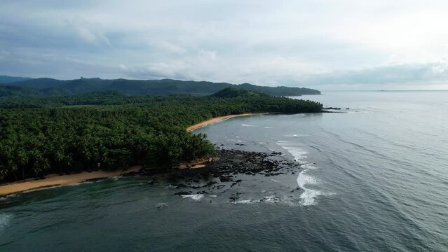 Aerial drone view of a tropical beaches on the coast of Sao Tome,  West Africa