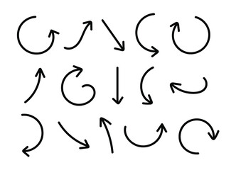 Sketch hand drawn black curve abstract line arrows icon design set collection vector.  Pointer direction sketch symbol.