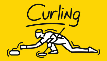 Hand drawn doodle curling player athlete design vector. Winter olympic sport banner poster template. - obrazy, fototapety, plakaty