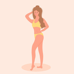 Pretty woman in swimsuit is posing. Body positive, acceptance, feminism, fitness, sport concept.