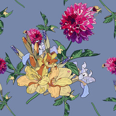 Floral seamless pattern. Yellow gladiolus flowers, pink dahlias and blue irises on a blue background.