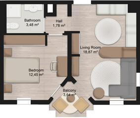 Architectural plan of a furnished apartment, Colored plan illustation, Project of the 1+1 flat, Top view of an apartment, Illustrated watercolor 2D project, 1+1 40 square meter studio house isolated 