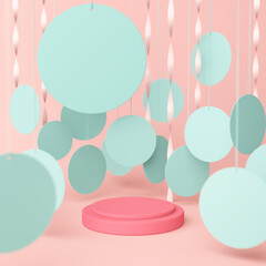 platform and podium soft pink green pastel stand circle product minimal style display advertisement cute sweet background baby concept. Place fashion and cosmetic or beauty products. 3D Illustration.