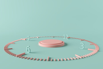 platform pink time clock tick indefinite continued progress existence event occur present at the moment stand display concept advertisement commercial past present future sequence. 3D Illustration.