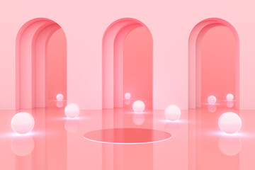 arch layer door gate balls bubbles platform pink style deco pastel stand product minimal geometric abstract commercial display advertisement for cosmetic skin care serum and fashion. 3D Illustration.