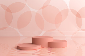 platform pink stand stick short round circle product float low standing podium advertisement sweet girl small point sale sell design ripple liquid cream serum skin skincare glow white 3D Illustration.