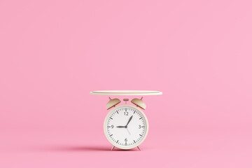 Platform and podium cylinder float pink pastel cute kids minimal. weight scale timetable stand product display clock alarm awake alert of working. pedestal fashion cosmetic or beauty. 3D Illustration.