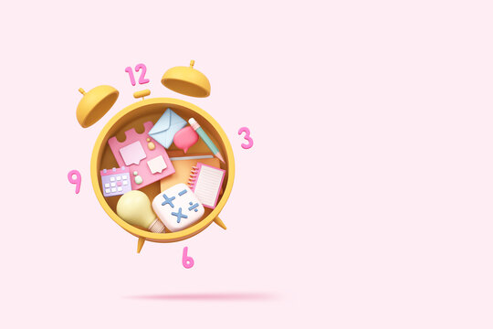 yellow clock schedule timetable time management hour minute for business education startup morning day night kid cute with light bulb calendar file folder email connection smartphone. 3D illustration.