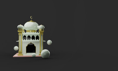 Ramadan 3d render with mosque illustration on black background