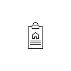 Document on clipboard sign. Vector outline symbol in flat style. Suitable for web sites, banners, books, advertisements etc. Line icon of house on clipboard