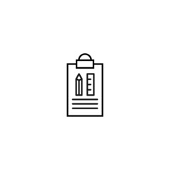 Document on clipboard sign. Vector outline symbol in flat style. Suitable for web sites, banners, books, advertisements etc. Line icon of pencil and liner on clipboard