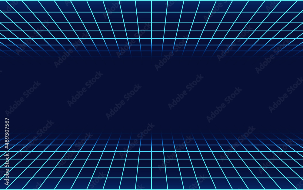 Poster empty glow neon wireframe grid banner technology background template.