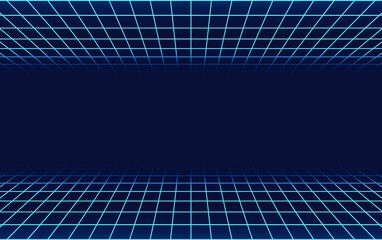 Empty glow neon wireframe grid banner technology background template.