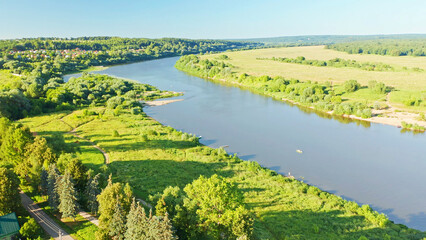Beautiful summer aerial footage of the Oka river, Tarusa, forests, rivers and fields Russia