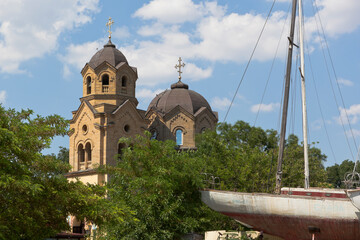 View of the St. Elijah Church from the sea port in the city of Evpatoria, Crimea
