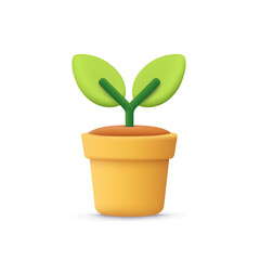 Obraz premium Flower, plant with leaves in pot. Gardening concept. 3d vector icon. Cartoon minimal style.