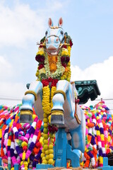 The wooden horse chariot erected in front of the Kulamangalam Ayyanar Temple for the procession...
