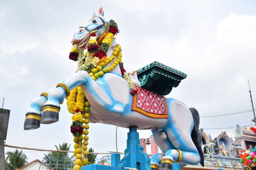 The wooden horse chariot erected in front of the Kulamangalam Ayyanar Temple for the procession...
