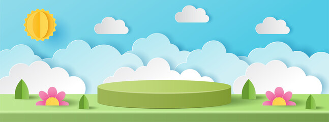 3D paper cut of Summer season on green nature landscape, sun and clouds on blue sky background with green circular stage podium for products display presentation. Vector illustration