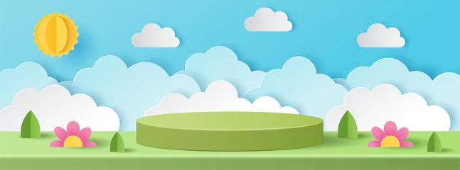 Tableaux ronds sur aluminium brossé Chambre denfants Coupe de papier 3D de la saison d& 39 été sur le paysage verdoyant, le soleil et les nuages sur fond de ciel bleu avec un podium circulaire vert pour la présentation des produits. Illustration vectorielle