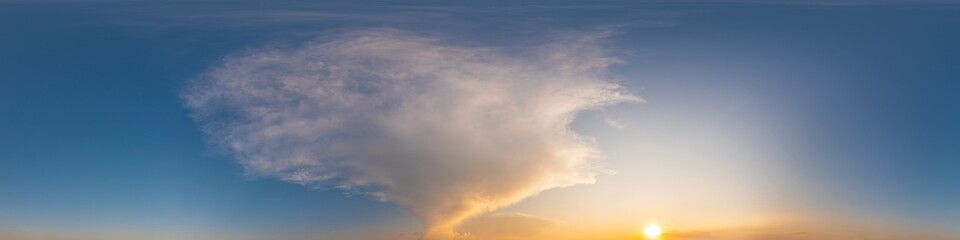 Dark blue sunset sky panorama with golden Cumulus clouds. Seamless hdr 360 panorama in spherical equirectangular format. Full zenith for 3D visualization, sky replacement for aerial drone panoramas.