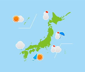 日本地図と全国規模の冬の天気予報図
