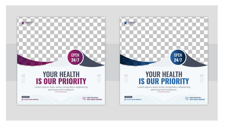 Healthcare post template. Medical promotion square web banner. Set of medical healthcare center social media post template. web banner advertising.
