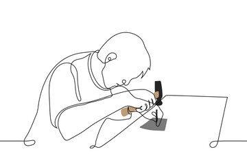 male craftsman knocks with hammer on rod standing on piece of material - one line drawing vector. concept businessman artisan in the process of making handmade goods, making clothes or shoes by hand