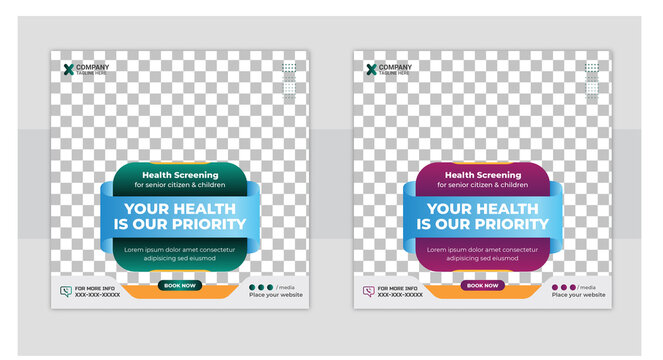 Healthcare post template.Set of Editable minimal square banner template. Healthcare post social media banner ad post template.