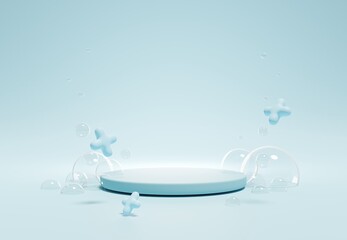 3D of  blue empty round podium with bubbles foam for baby cleaning products. - obrazy, fototapety, plakaty