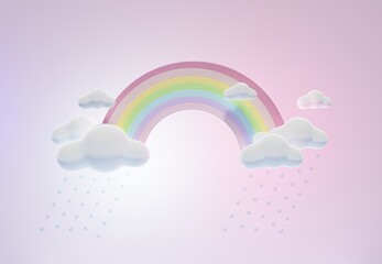 3D rendering of colorful pastel clouds and rainbow with empty space for kids or baby products.