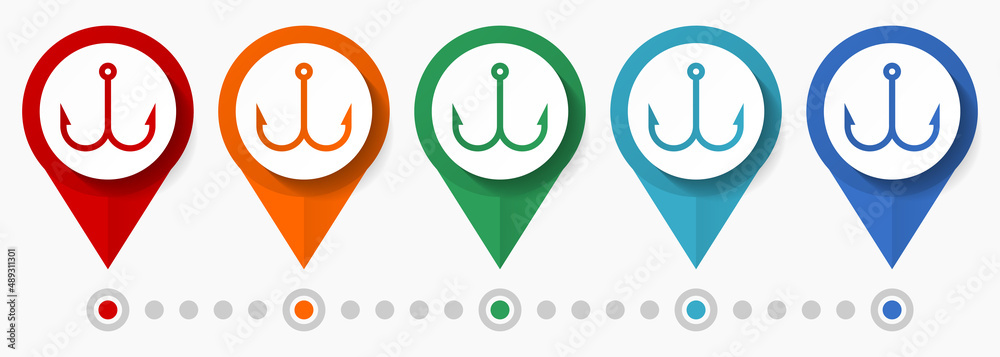 Poster hook, fishing concept vector icon set, flat design fishhook pointers, infographic template easy to e