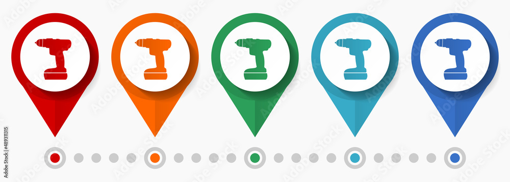 Poster drill, tool concept vector icon set, flat design cordless screwdriver pointers, infographic template