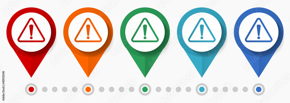 Aufkleber exclamation sign concept vector icon set, flat design warning pointers, infographic template easy to