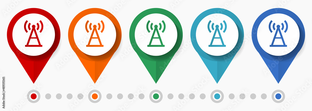 Poster antenna, communication concept vector icon set, flat design mobility pointers, infographic template 
