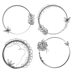 doodle scribble. Hand drawn floral circle frame. Elegant wreath with leaves element for wedding design, for birthday cards, posters